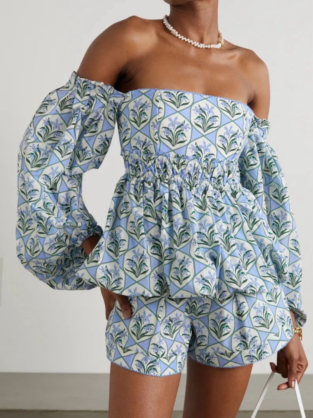 Agua by Agua Bendita Floral Top in Light Blue & Green